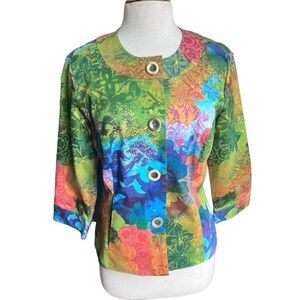 Coldwater Creek Size 8 Long Sleeve Floral Button Up Blazer Jacket Green Blue